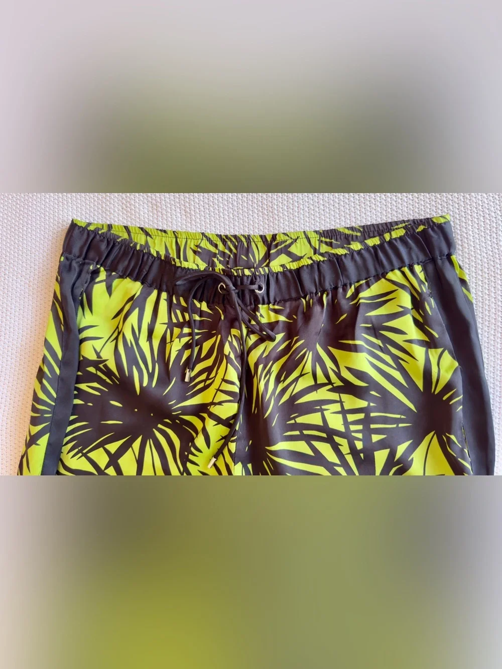 MICHAEL KORS Satin Neon Lime Green & Black Palm Leaf Print Track Pants
